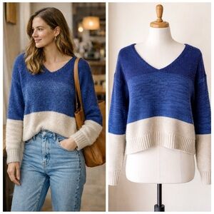 Part Two Raluca Denmark Blue Cream Colorblock Soft Alpaca Wool Blend Sweater S